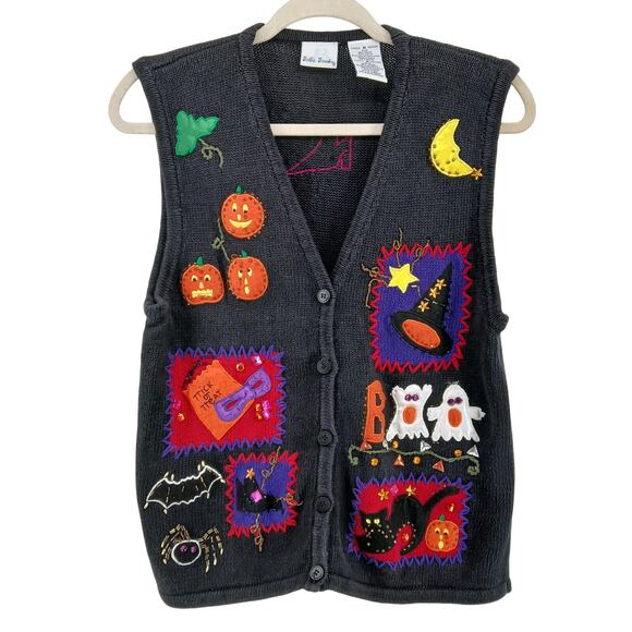 Halloween Stitched Embroidered Jeweled Novelty Button Sweater Vest Size MD Boo - Picture 1 of 8